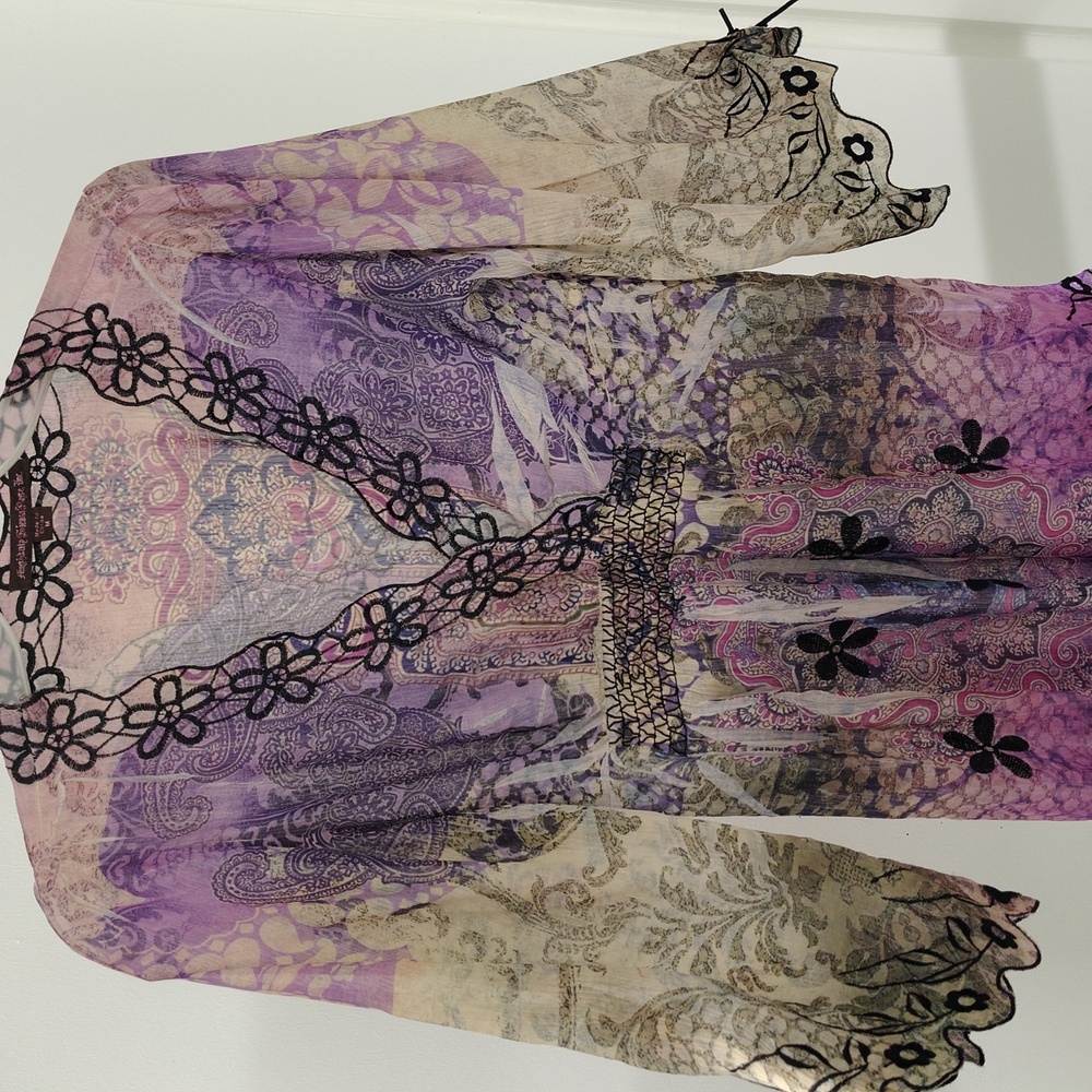 MUSHKA SIENNA BEAUTIFUL BOHEMIAN SEMI-SHEER FLOWING EMBROIDERED WOMEN'S TOP Sz M
